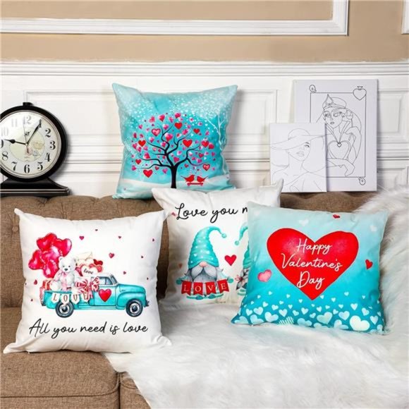 4 Pcs Pillow Covers Teal Valentine's Day 18 x 18 Inch - Picture 1 of 7
